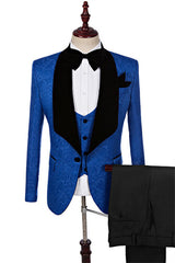 Royal Jacquard Three Pieces Shawl Lapel Men Blue Wedding Suits