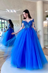 Royal Blue Long Sleeves Tulle A Line Long Prom Dress With Appliques Amazing