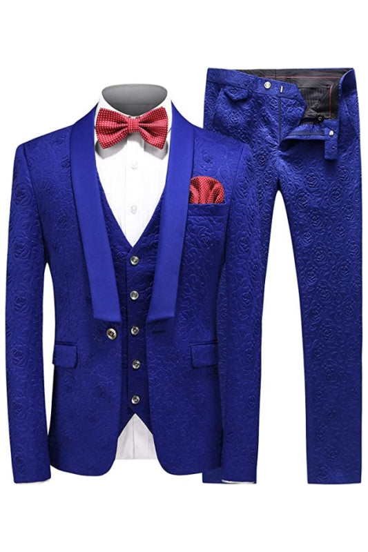 Royal Blue Shawl Lapel Three Pieces Jacquard Men Suits For Wedding