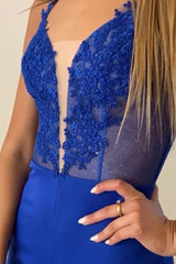 Royal Blue Split Spaghetti Strap Sleeveless Prom Dress With Appliques