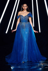 Royal Blue Tulle Off the Shoulder Sleeveless Long Prom Dress With Sequins