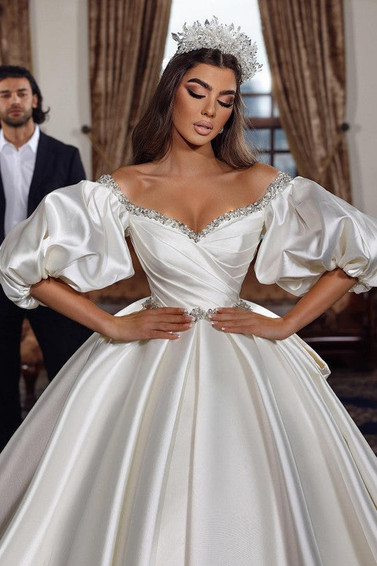 Ruffle Sleeves Ball Gown Wedding Dress Satin Elegant-27dress
