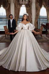 Ruffle Sleeves Ball Gown Wedding Dress Satin Elegant-27dress