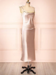 Ruffles Bridesmaid Dresses in Silk-like Satin with Cowl Neck Sheath/Column Tea-length