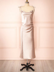 Ruffles Bridesmaid Dresses in Silk-like Satin with Cowl Neck Sheath/Column Tea-length