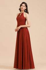Rust Halter Long Chiffon Bridesmaid Dress On Sale-27dress