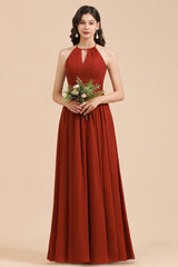 Rust Halter Long Chiffon Bridesmaid Dress On Sale-27dress