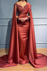 Rust Long Sleeves Beads Appliques Mermaid Long Evening Dress With Ruffles