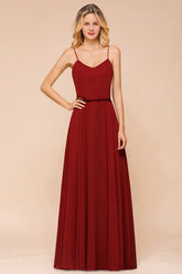 Rust Spaghetti-Starps Long Chiffon Bridesmaid Dresses Online-27dress