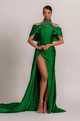 Sage Green Pleated Halter Prom Dress with Split