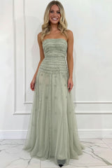27Dress Sage Green Strapless A Line Sleeveless Prom Dress with Appliques