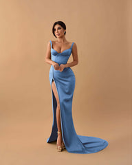 Sage Mermaid Spaghetti Strap Sleeveless Long Prom Dress With High Split