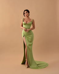 Sage Mermaid Spaghetti Strap Sleeveless Long Prom Dress With High Split