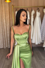 Sage Spaghetti-Straps Sweetheart Mermaid Evening Dress with Split