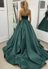 Satin Prom Dress with Pleated Pockets - Ball Gown Sleeveless Scalloped Neck Sweep Train-27dress