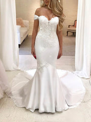 Satin Sweep Train Wedding Dress with Appliques Lace for Trumpet/Mermaid Off-the-shoulder Look