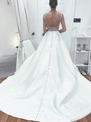 Satin Sweep Train Wedding Dress with Pockets - Ball Gown Scoop Neck