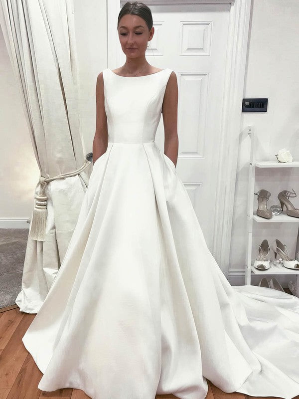 Satin Sweep Train Wedding Dress with Pockets - Ball Gown Scoop Neck