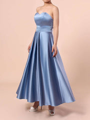 Satin Sweetheart A-line Tea-length Bridesmaid Dresses with Sashes / Ribbons