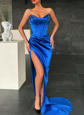 Satin Sweetheart Prom Dress With Beading and Sleeveless Column Sheath Sweep Train-27dress