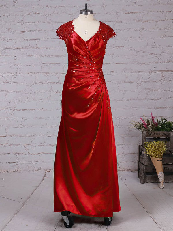 Satin Tulle V-neck A-line Beaded Mother of the Bride Dress