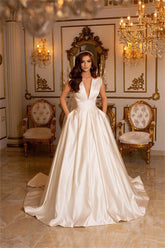 Satin Wedding Dress V-Neck Long With Pockets-27dress