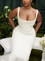 Elegant satin wedding dresses with a sleeveless design and square neckline for a stylish bridal look