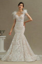 Scoop Lace Mermaid Wedding Dress With Feather-27dress
