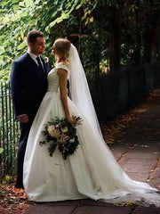 Scoop Neck Satin Wedding Dress with Pockets - Ball Gown Sweep Train