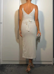 Sequined Prom Dress with Split Front - Sheath/Column V-Neck Tea-Length-27dress