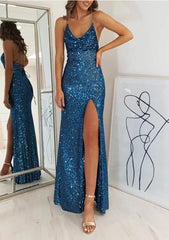 Sheath V-neck Spaghetti Sleeveless Sequined Prom Dress with Split Front