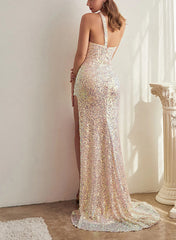 Sequined Prom Dresses With Split Front - Sheath One-Shoulder Sleeveless Sweep Train-27dress