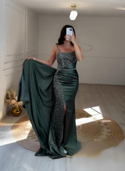 Sequined Prom Dresses with Split Front - Sheath Square Neckline Sleeveless Sweep Train-27dress