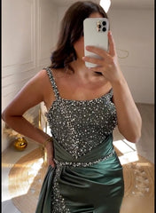 Sequined Prom Dresses with Split Front - Sheath Square Neckline Sleeveless Sweep Train-27dress