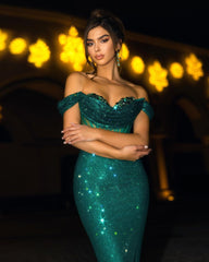 Sequins Dark Green Off the Shoulder Long Mermaid Prom Dress Gown