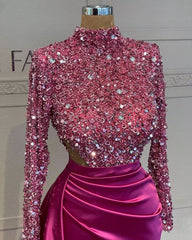 Sequins High Neck Long Sleeves Fuchsia Pleated Long Prom Dress With Split