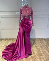 Sequins High Neck Long Sleeves Fuchsia Pleated Long Prom Dress With Split