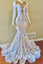 Sequins Lace White Mermaid Long Prom Dress Embroidery With Long Sleeves