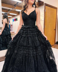Sequins Long Black Tulle Prom Dress Sparkly V Neck Sleeveless Gown