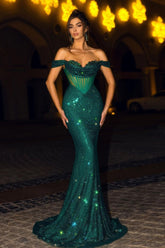 Sequins Prom Dark Green Off-the-Shoulder Long Mermaid Gown