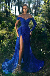 Sequins Stunning Royal Blue Elegant Off the Shoulder Prom Dress Front Split