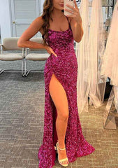 Sequins Velvet Long Prom Dress with Split - Sheath/Column Bateau Spaghetti Straps-27dress