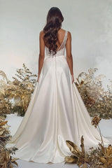 Sexy A-Line One Shoulder Satin Long Beading Wedding Dresses with Split From 27dress