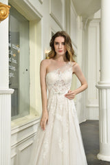 Sexy A-Line One Shoulder Tulle Lace Ivory Wedding Dress Online-27dress