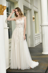 Sexy A-Line One Shoulder Tulle Lace Ivory Wedding Dress Online-27dress