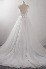Sexy A-Line Spaghetti Straps Tulle Wedding Dress Deep-V-Neck Appliques Sleeveless Bridal Gowns Online-27dress