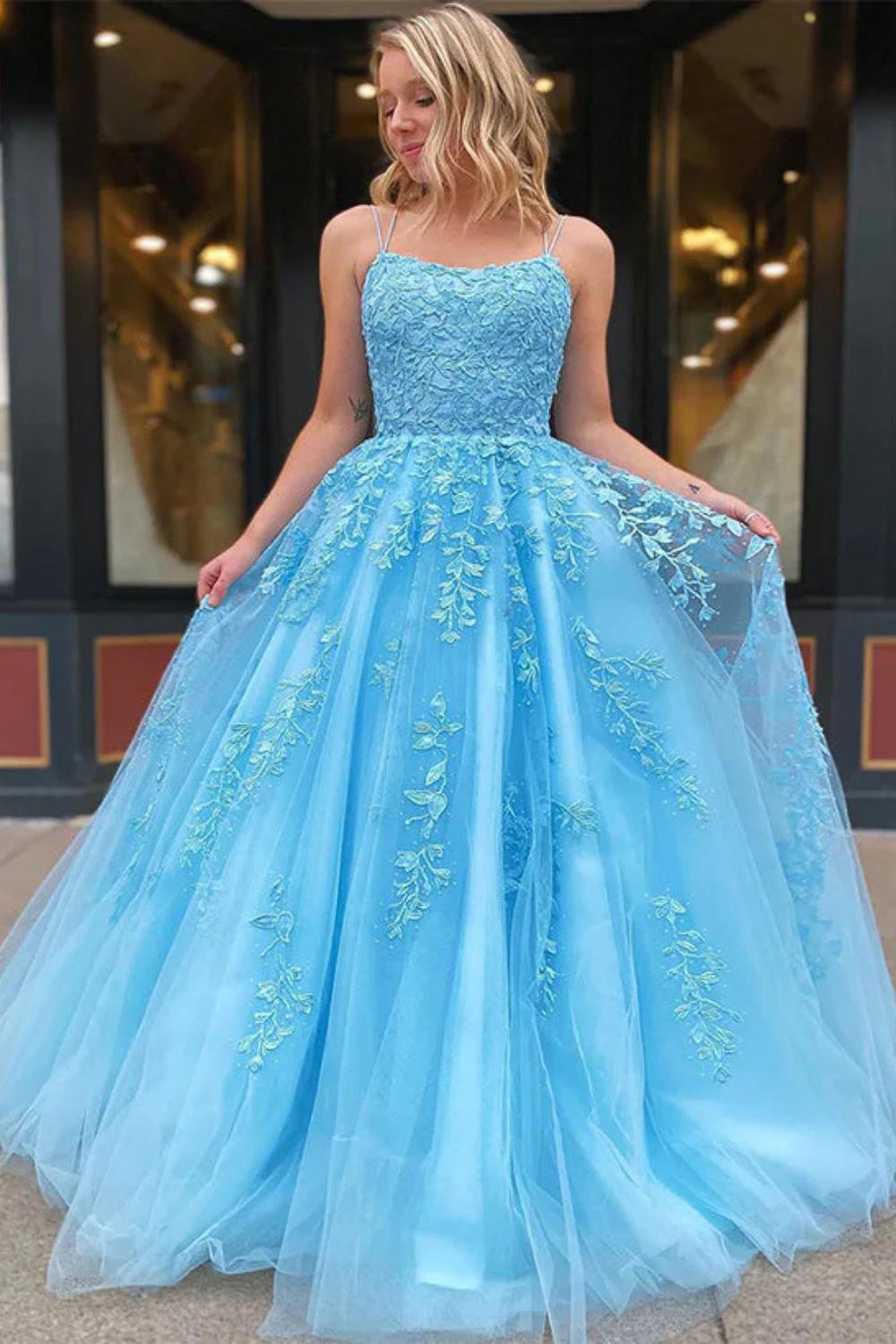 Sexy A-Line Square Neckline Spaghetti Straps Lace Long Prom Dress-27dress