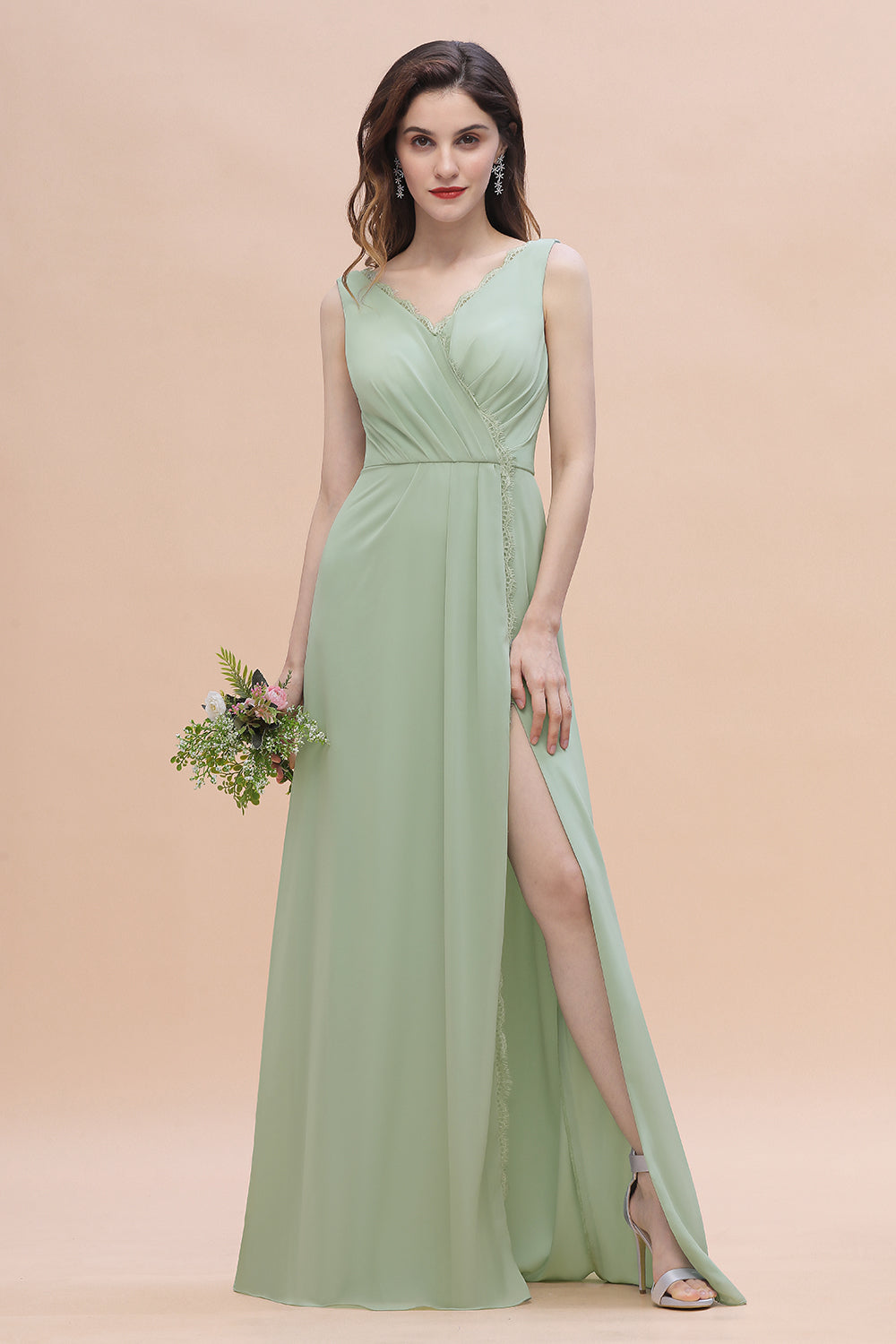 Sexy Chiffon Ruffles Dusty Sage Bridesmaid Dress with Lace Edge On Sale-27dress