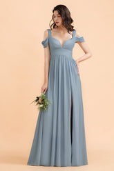 Sexy Cold-Shoulder Dusty Blue Chiffon Bridesmaid Dress with Slit On Sale-27dress