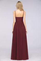 Sexy Deep-V-Neck Appliques Burgundy Chiffon Bridesmaid Dress with Slit-27dress